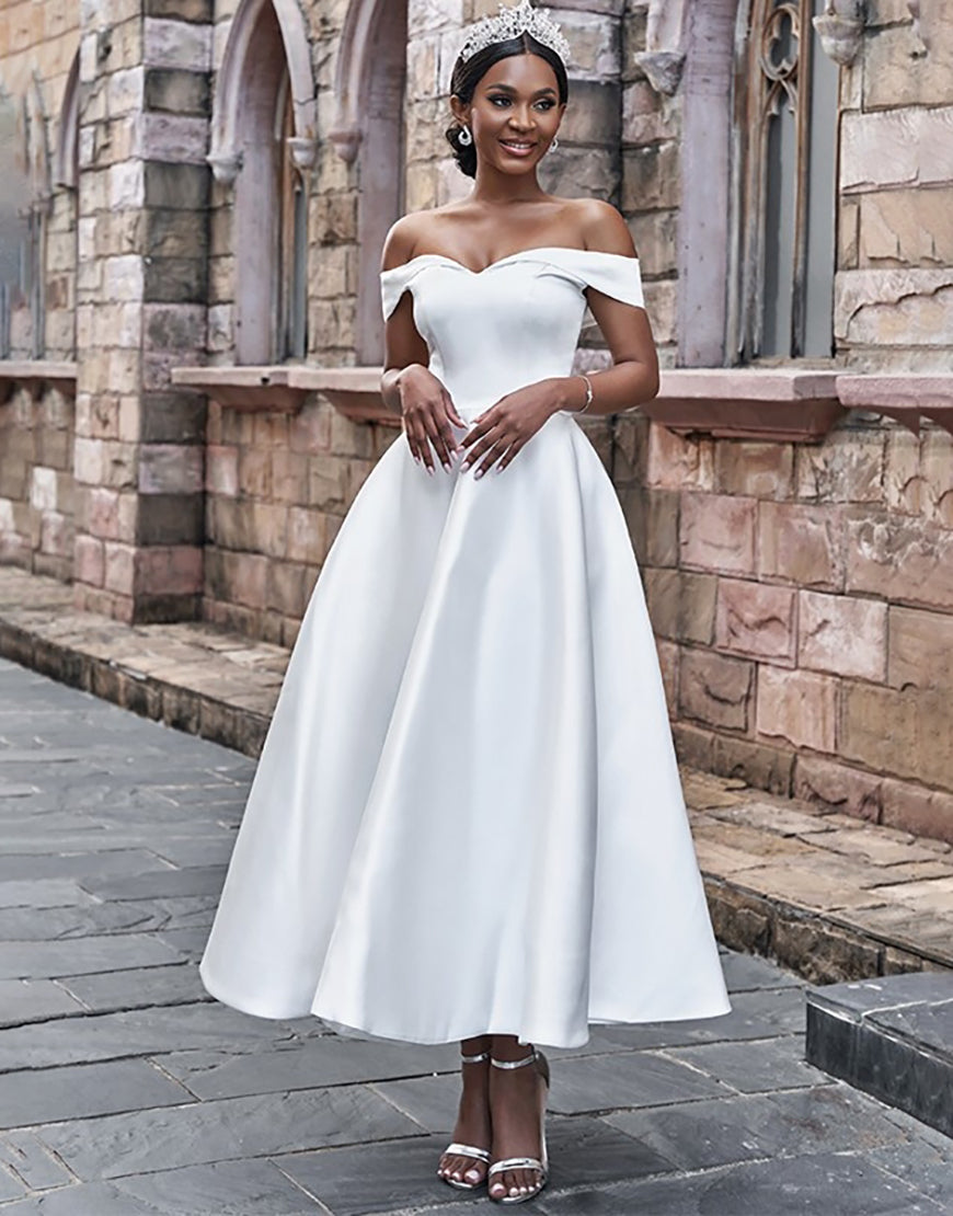 Luolandi A Line Off the Shoulder Long Bridal Dress Pure Color Wedding Dresses